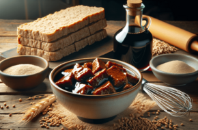 Zdjęcie ukazuje miskę seitanu w sosie, obok chleba pszennego, mąki, butelki z ciemnym sosem i wałka do ciasta na drewnianym blacie, co sugeruje przygotowywanie posiłku wegetariańskiego.