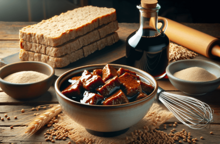 Zdjęcie ukazuje miskę seitanu w sosie, obok chleba pszennego, mąki, butelki z ciemnym sosem i wałka do ciasta na drewnianym blacie, co sugeruje przygotowywanie posiłku wegetariańskiego.