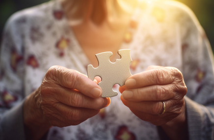 Starsza kobieta po przyjęciu leku na Alzheimera trzyma w ręku puzzla