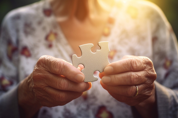 Starsza kobieta po przyjęciu leku na Alzheimera trzyma w ręku puzzla