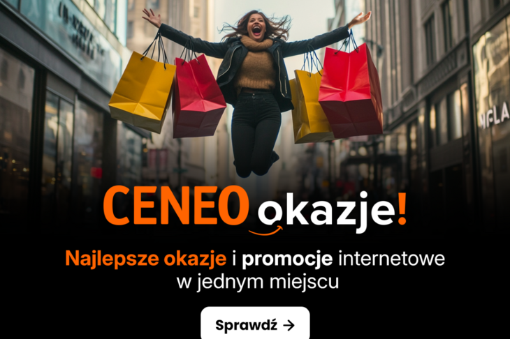 Reklama CENEO z radosną kobietą skaczącą z żółtymi i czerwonymi torbami zakupowymi pośród miejskich budynków. Napis 