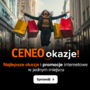 Reklama CENEO z radosną kobietą skaczącą z żółtymi i czerwonymi torbami zakupowymi pośród miejskich budynków. Napis 